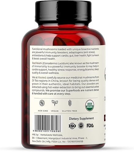 Miniatura 3 de Cápsulas de extracto de hongos Reishi (60 cápsulas vegetales, 500 mg)  Salud cardíaca, alivio del estrés, hígado. USDA orgánico, 30% beta-glucanos,