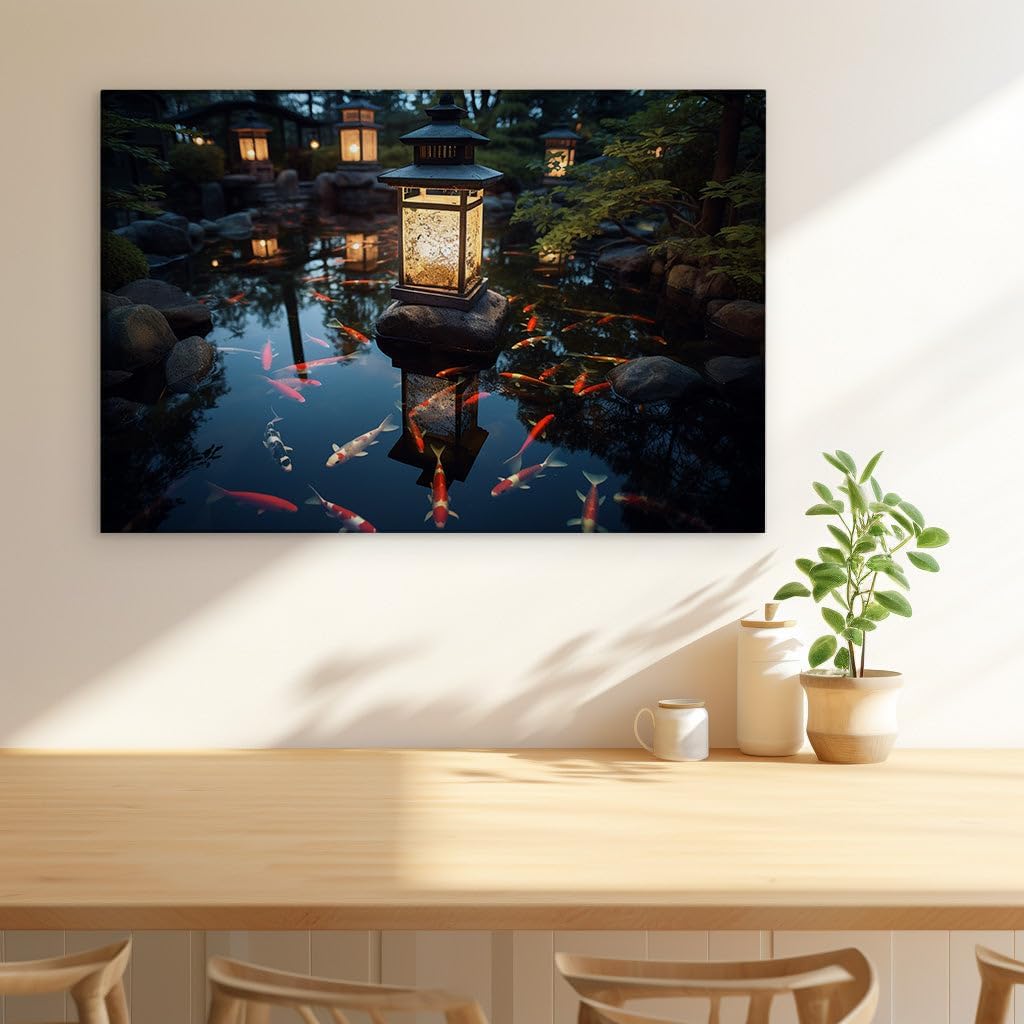 Canvas for Living room. Moonlit Serenity: A Luminous Encounter with Japan's Nighttime Garden Elegance, 27 x 18 inch Canvas Wall Art - Ready to Hang