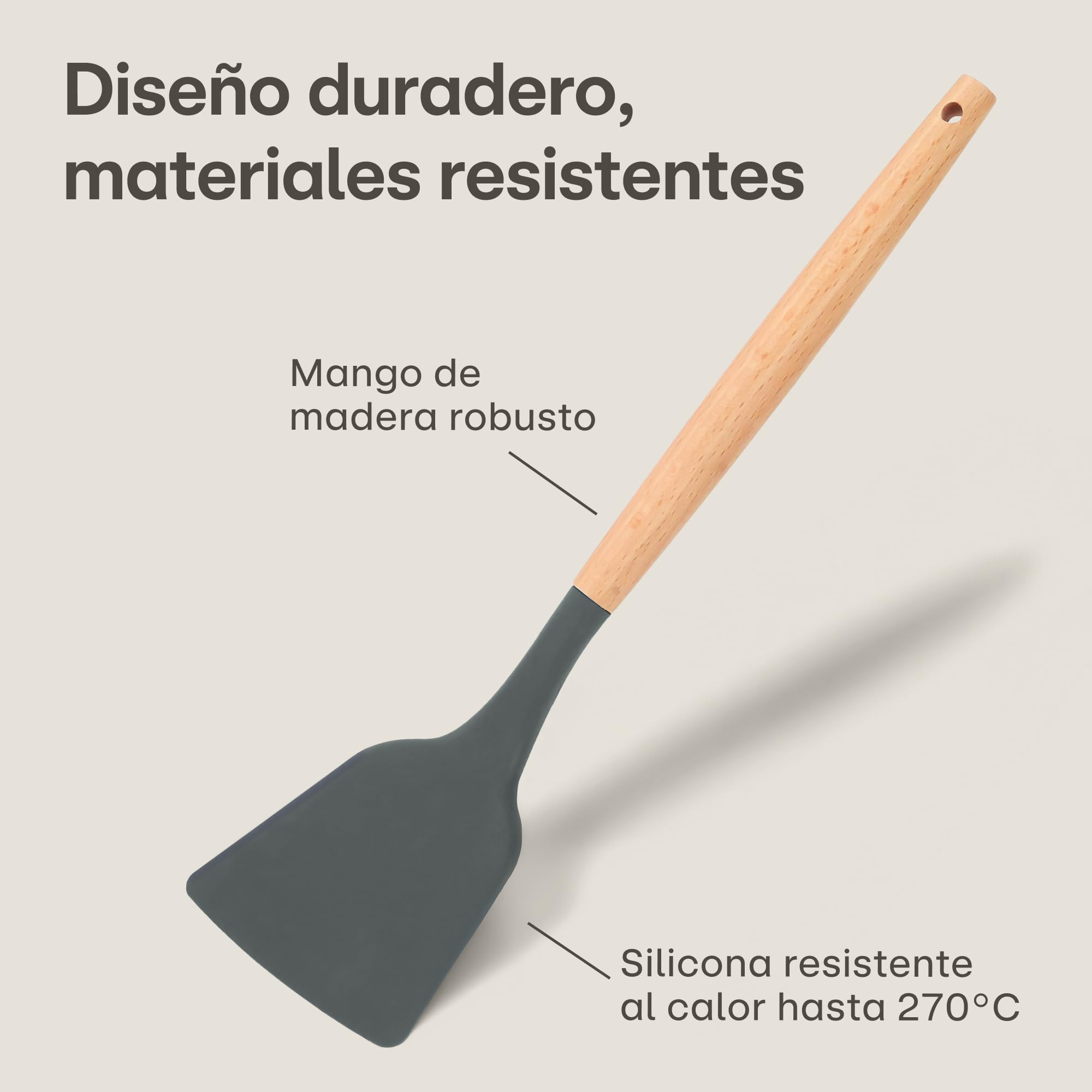 Utensilios de Cocina de Silicona Madera, 8 Piezas de Accesorios de Cocina de Silicona Resistente al Calor - Certificado por la FDA para Alimentos - Gris