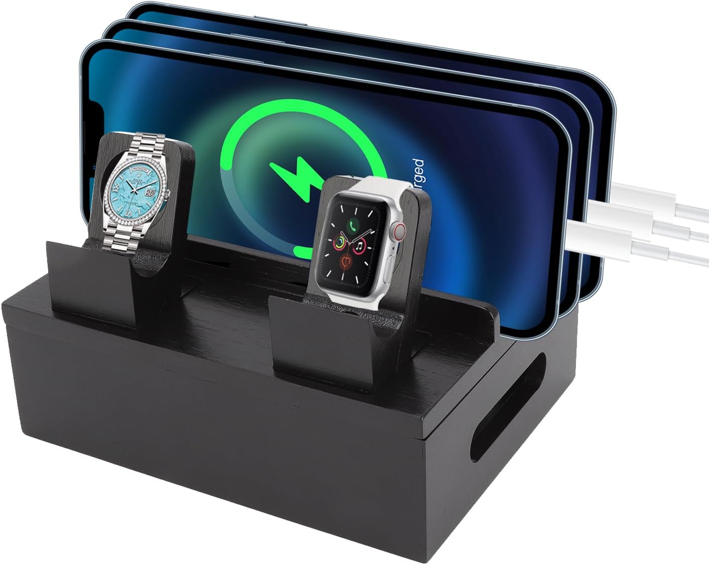 Wooden Charging Station for Multiple Devices - 5 Port USB Desktop Organizer with Watch Holder, Compatible with Phones Tablets Electronics (Black, 11.3x13x17cm/4.4x5.1x6.7in)