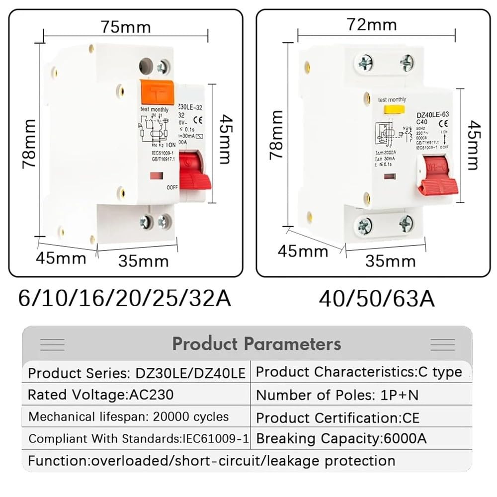 Interruttore Automatico Differenziale RCBO 230 V 1P+N Con Protezione Da Sovraccarico E Cortocircuito 6-63A Componenti elettrici(40A)
