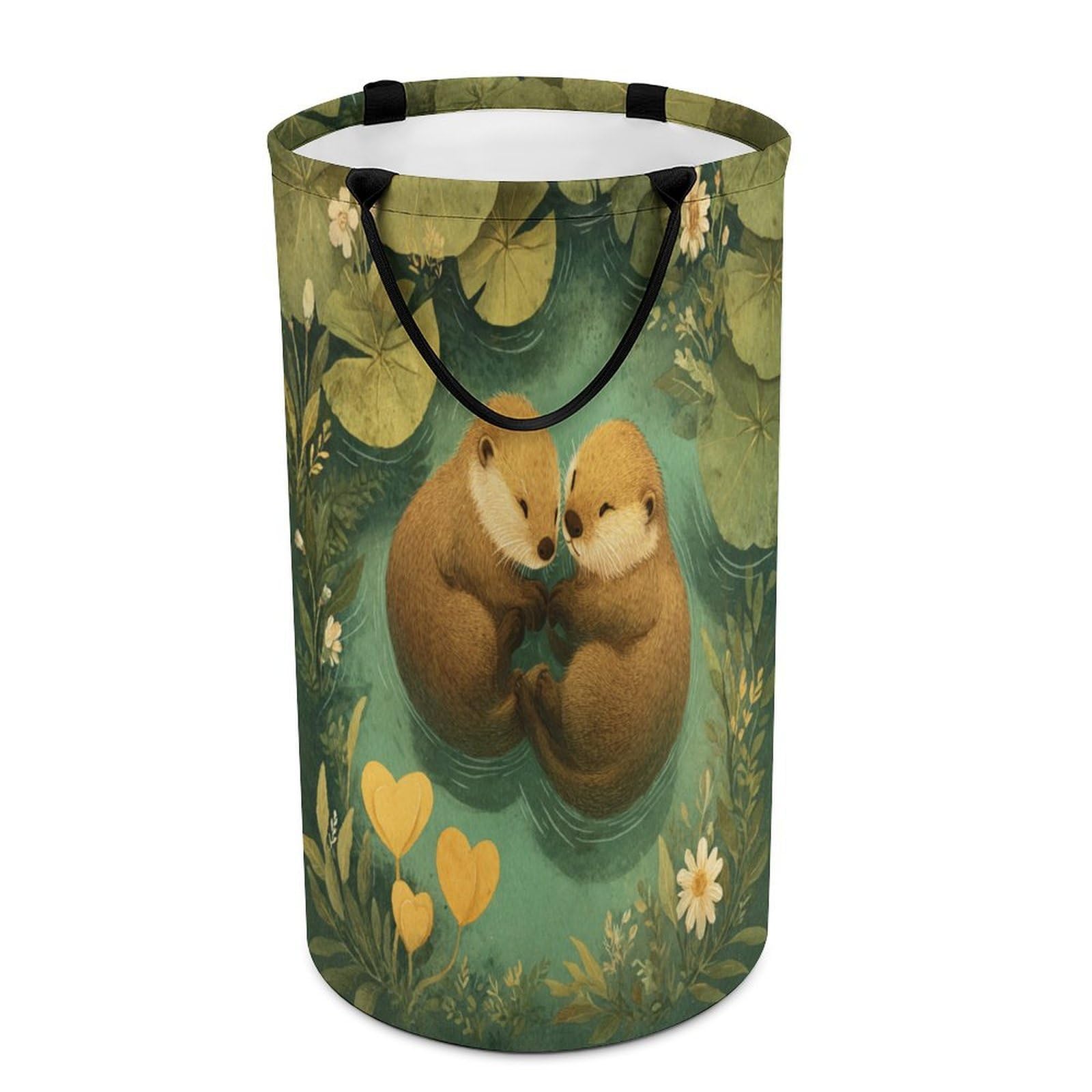 LUYYSKY Cute Abstract Otter Couple Versatile Storage Laundry Basket, Anime Watercolor Animal Otter Plant Lotus Leaves Floral Large Bathroom Laundry Hamper With Handle-40 CM Dia, 69 CM High