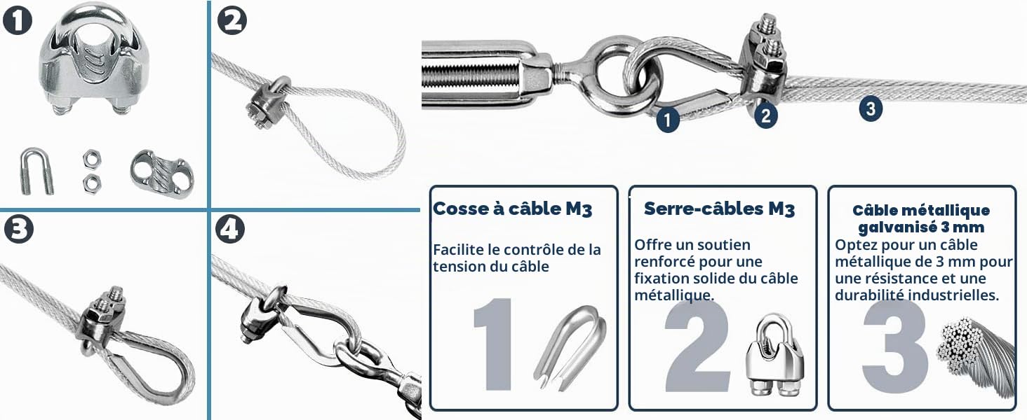 Câble métallique de 3 mm en acier inoxydable pour tuteur - Corde de suspension de lampe - Câble métallique avec tendeurs M5 (10 m)