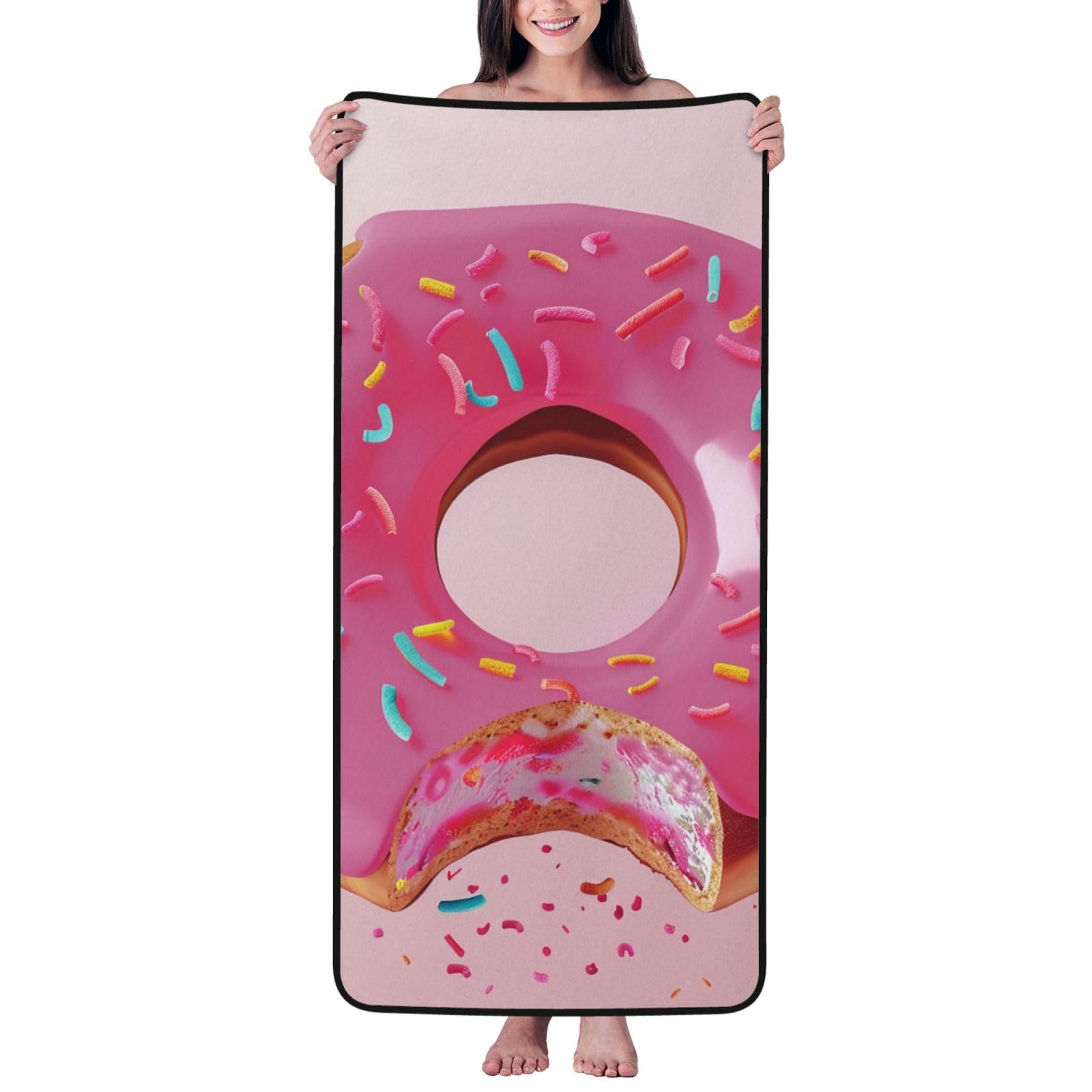 WPKJU Donut Printed Bath Towel with Black Edging - 27x55 in Soft Extra Absorbent Coral Velvet Shower Towels for Bathroom