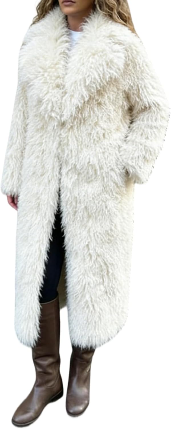 Women's Fluffy Grey Faux Fur Maxi Overcoat Outwear Cardigan,Shaggy Mid Jackets Coats Parka