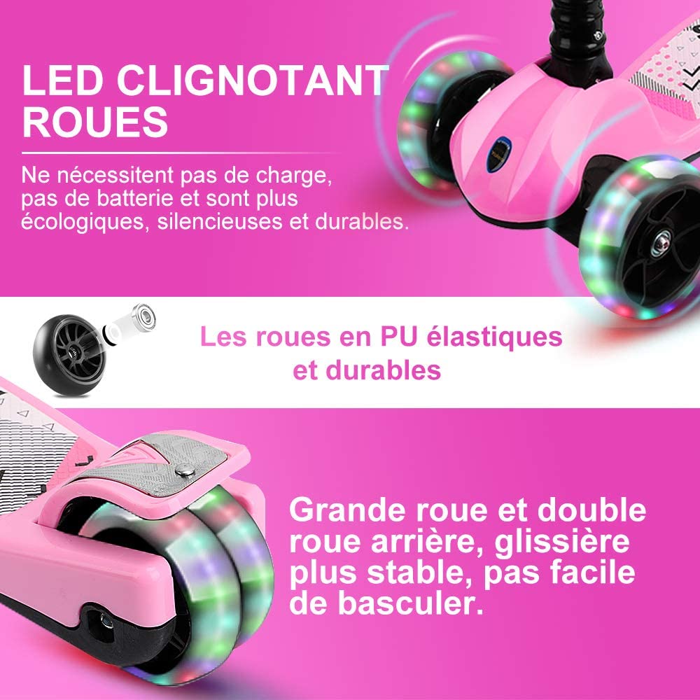 YOLEO Trottinette Enfants Pliable, Trottinette 3 Roues avec LED Roues Plateau Antidérapant, Trotinette réglable en Hauteur