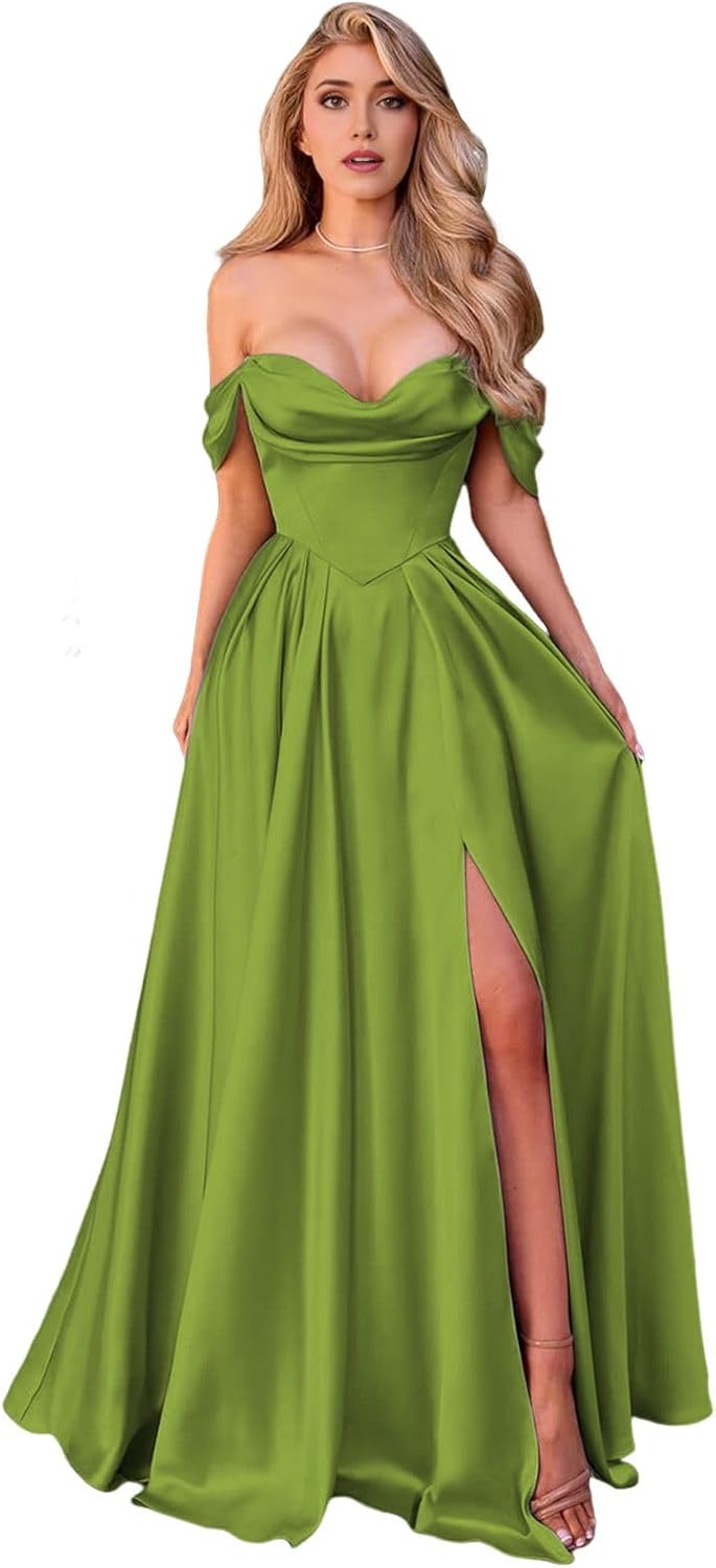 Off The Shoulder Cowl Neck Bridesmaid Dresses for Women Satin Pleated Long Formal Evening Gown with Pockets