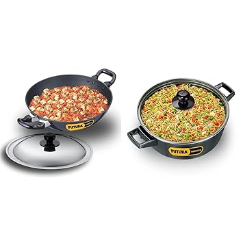 Hawkins - Q55 Futura Non-Stick Round Bottom Deep-Fry Pan with Steel Lid 2.5 Litre & Hawkins Futura Non-Stick Cook N Serve Bowl with Glass Lid, 3 litres