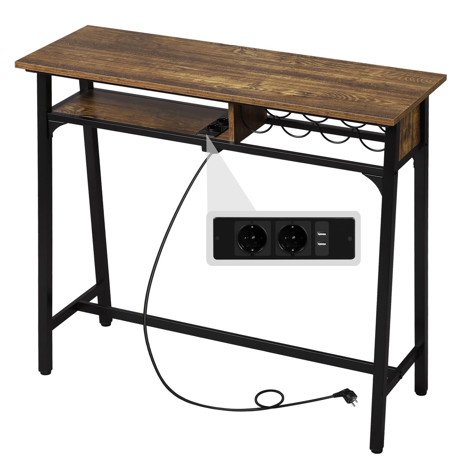 WOLTU Mesa de Bar, Mesa Auxilliar Cocina, Mesa Alta con Enchufe para Comedor, Isla de Cocina, Estenteria de Vino, Estructura de Metal, Estilo Industrial, 110x40x94 cm, Marrón Rústico, BT44hov