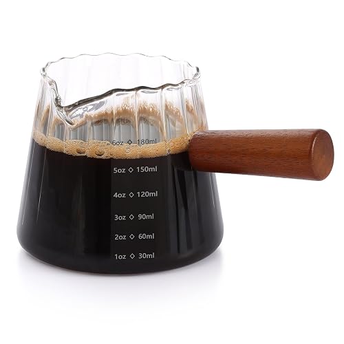 Espresso Cups 6 OZ, V-Shaped Spouts Cups, Espresso Shot Glasses with Wood Handle, Ribbed Milk Measuring Cup - 6 oz