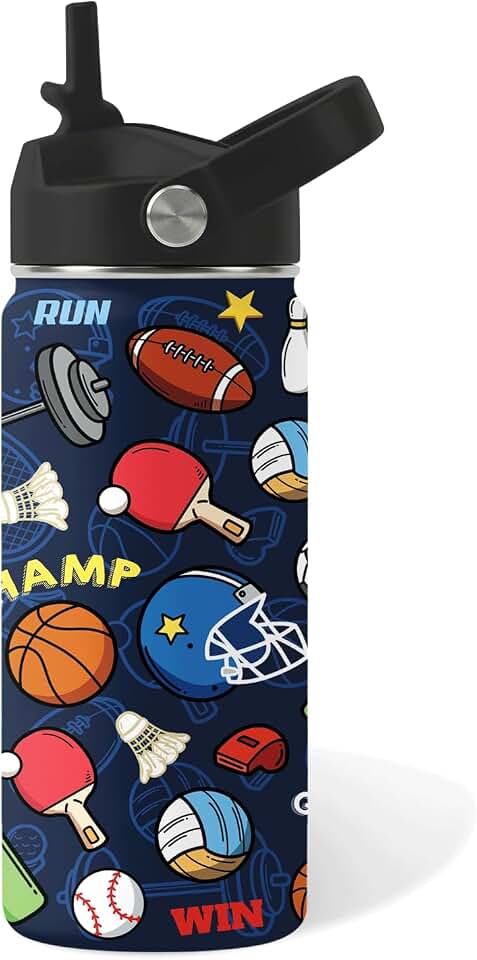Sports Gifts for Men &amp; Women - 16oz Water Bottle with Straw Lid, Stainless Steel Insulated Bottle, Leakproof, BPA-Free, for Boys Girls, School, Travel - Sport Balls Lovers Kids Birthday Gift Cup (1pc)