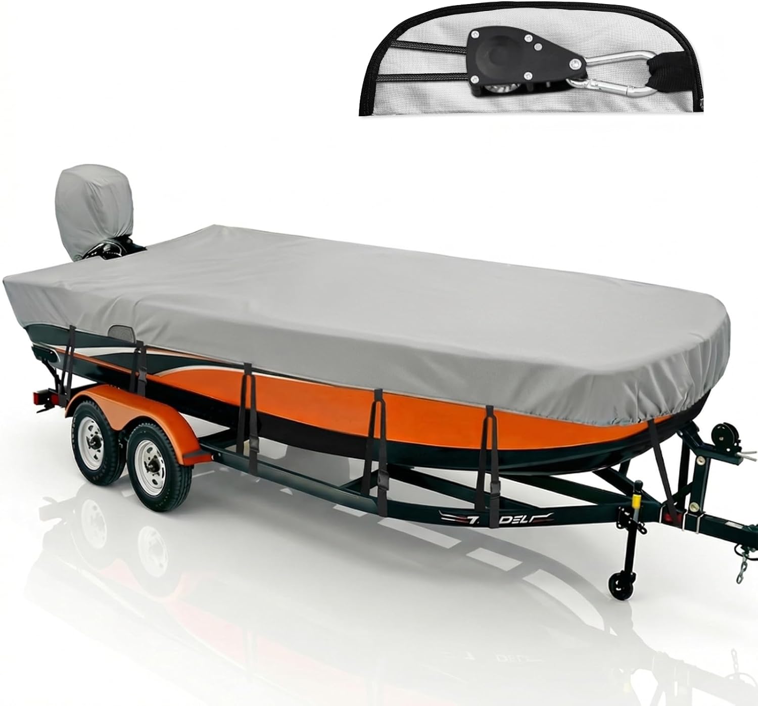 Jon Boat Cover 14-16 ft, 1200D Heavy Duty Waterproof Jon Boat Cover 14 ft 15 ft 16 ft with Ratchet Lock System & 11 Adjustable Straps, Includes Motor Cover, Gray