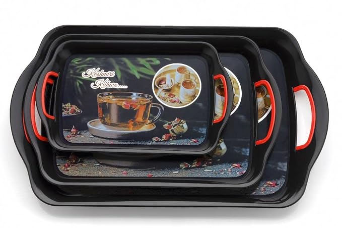 Finner Premium Era Serving Tray Set of 3 Kashmiri Kahwa Print Design Plastic Material Glossy Finish BPA Free Trays for Kitchen and Office and Home Decor (Black, Set of 3)