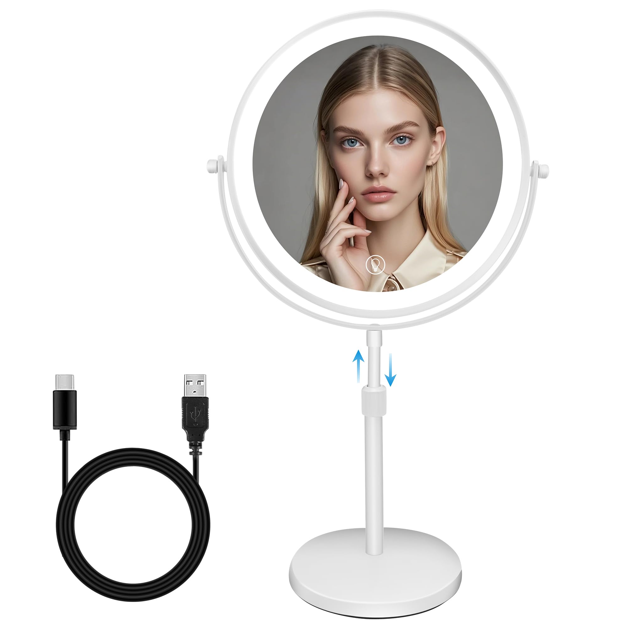 MEKOTRIN Espejo de Maquillaje de Doble Cara de Altura Ajustable con Luz, 3 Colores de Luz LED e Interruptor Táctil, para Cuidado Personal y Maquillaje (10X)