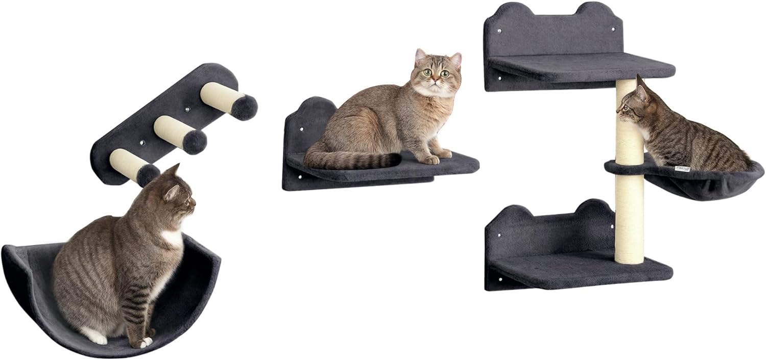 PawHut 4PCs Wall Mounted Cat Tree Cat Wall Shelves Furniture Climbing Shelf Set Kitten Activity Centre w/Hammock, Scratching Post - Dark Grey