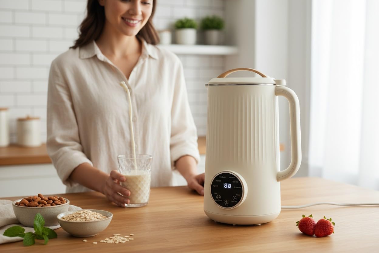 A person pouring freshly made plant-based milk from the Generic 8-in-1 Nut Milk Maker into a glass on a wooden kitchen counter.