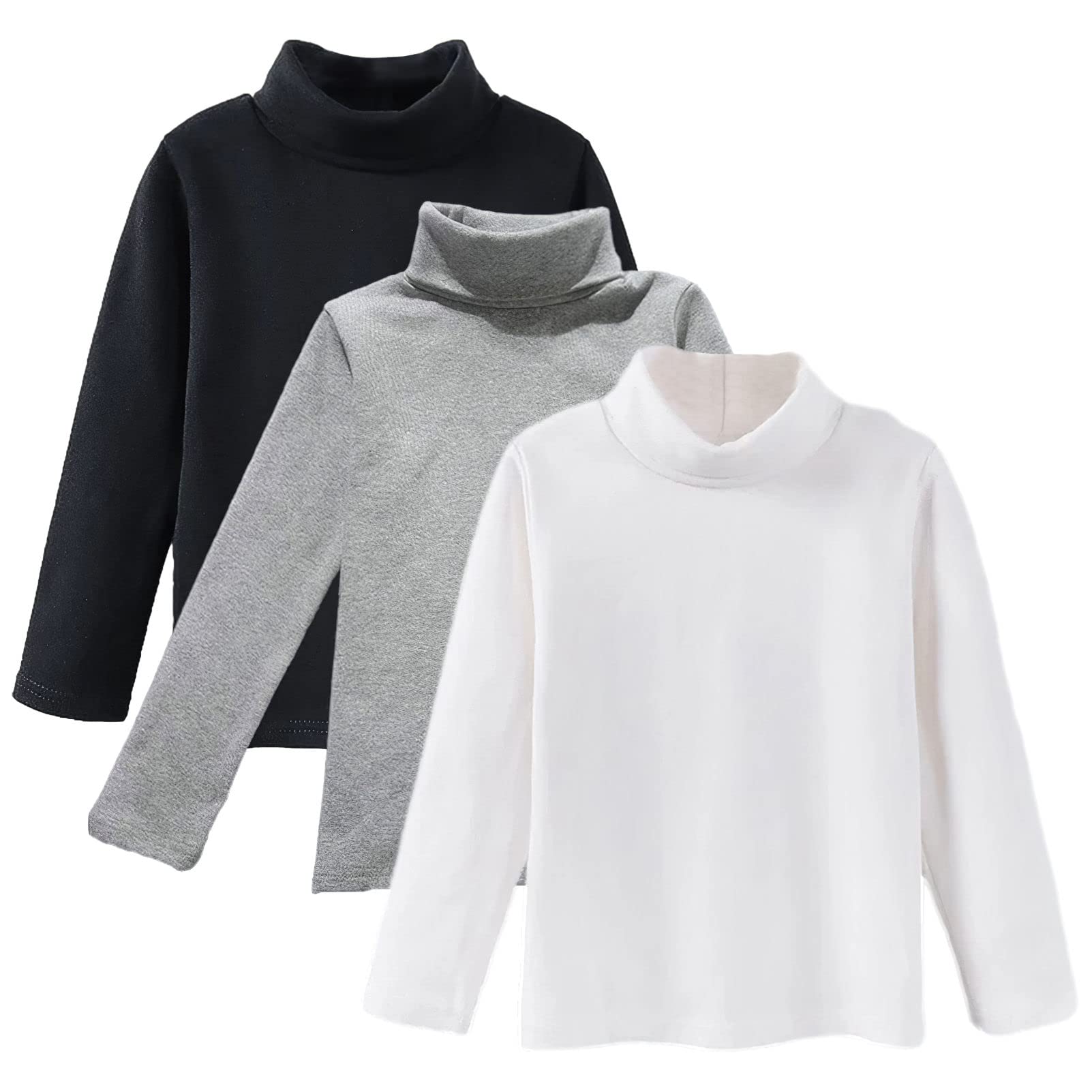 aromm Boys Girls Base Layer Thermal Shirt Turtleneck Long Sleeve Elastic Casual Undershirts 3pcs Set Black/Grey/White - 130