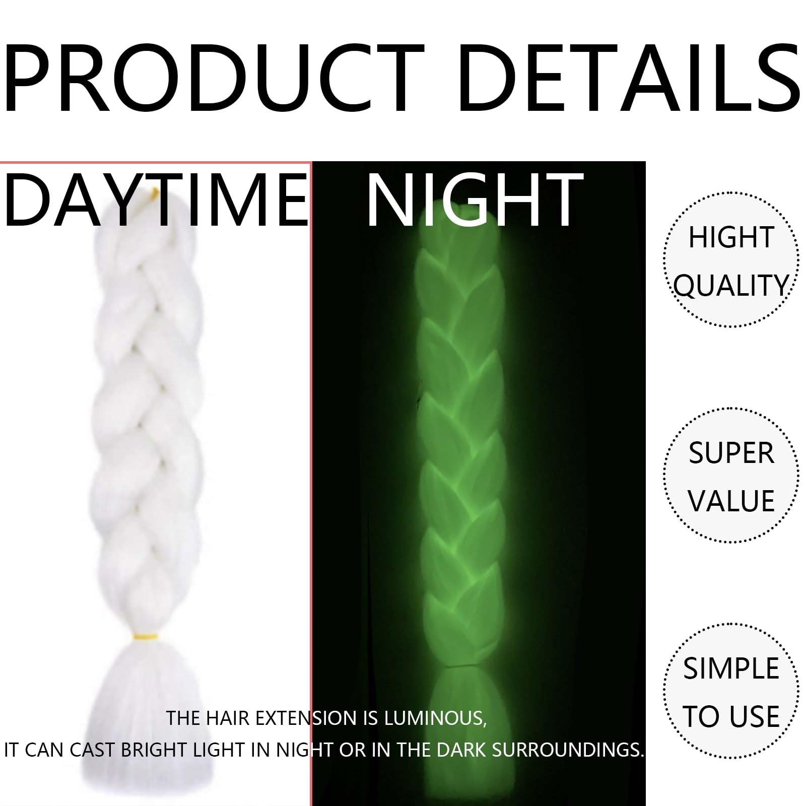One Piece Beautiful Glow in the Night Hair Extension Shiny Fluorescent Ombre Braid Wigs Fashion Braiding Hair Extension for Twist Braiding - Image 4