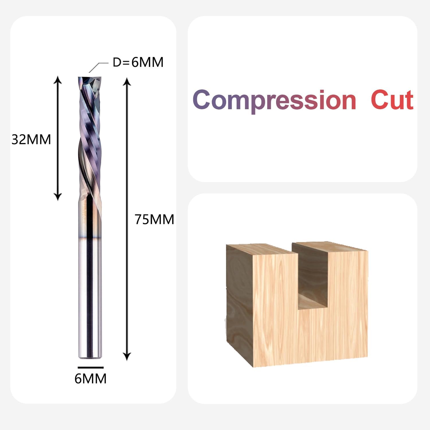 SpeTool Fraise à rainurer hélicoïdale, tige de 6 mm, compression de 32 mm, longueur de coupe extra longue avec revêtement TAC, fraise à rainure Up&Down VHM pour défonceuse à bois CNC