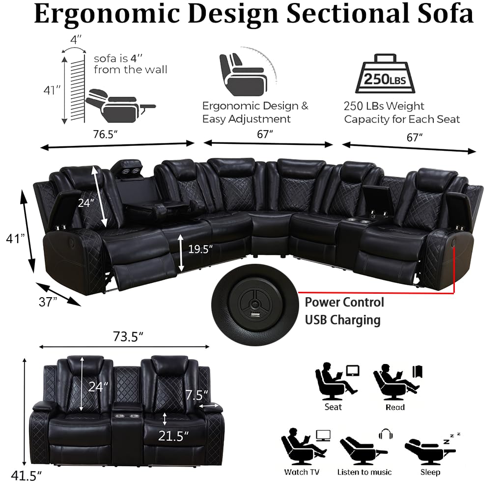 Power Reclining Sectional Sofa Set, Living Room Furniture Sets, Breathing Leather Sectional Couch and Loveseat with 4 Recliners, LED Light, USB Charging Port & Storage for House/Home Theater view 2
