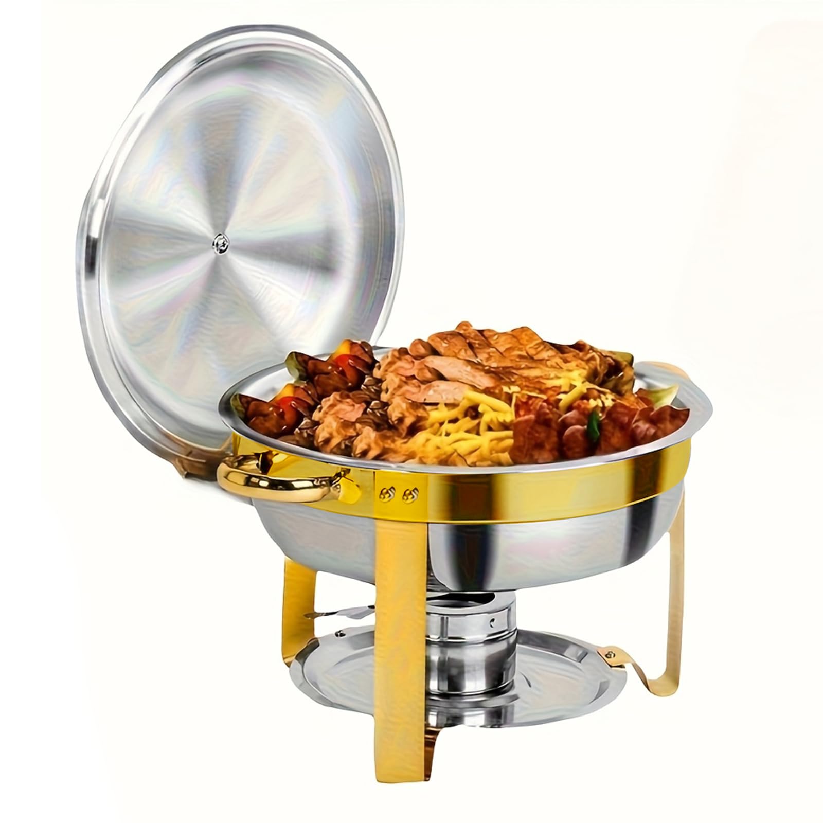 Chafing Dish - Set di 2 contenitori scaldavivande rotondi in acciaio inox da 4,5 l | Scaldavivande con supporto per coperchio, scaldavivande per buffet, catering, matrimoni, feste (argento)