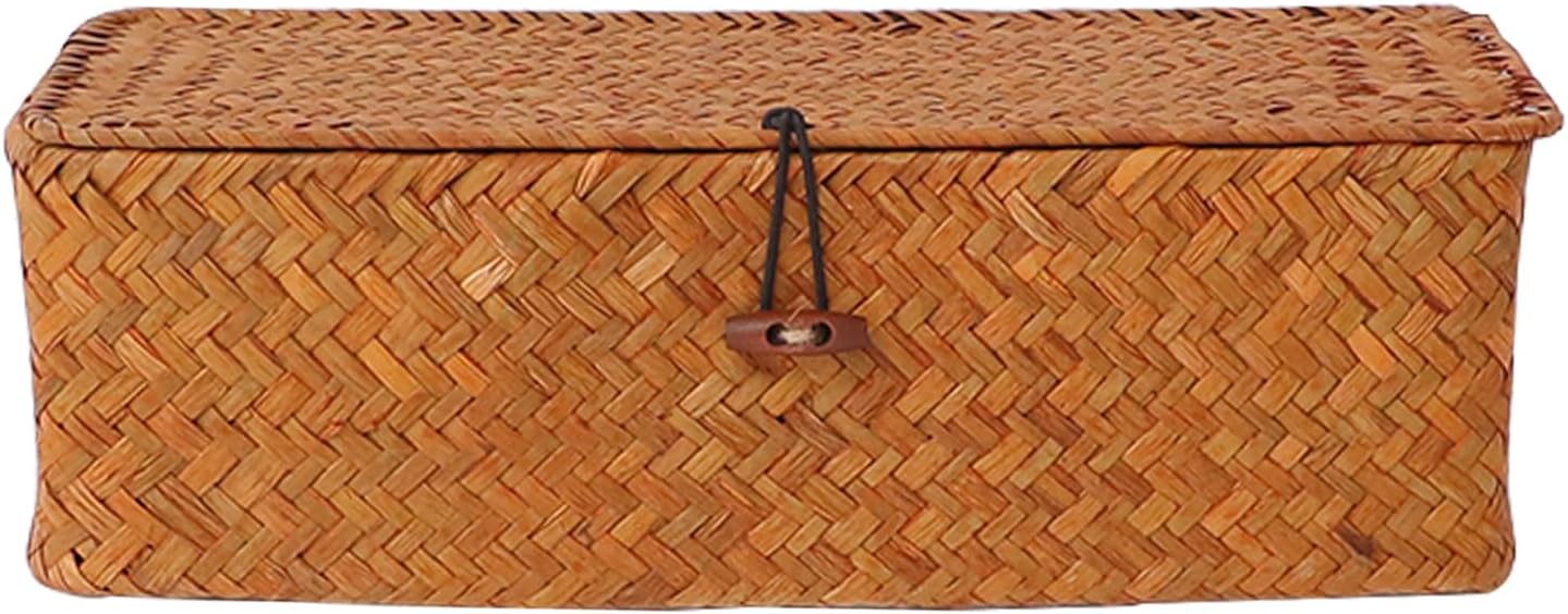 Seaweed Storage Basket with Lid, Small Rectangular Woven Basket with Section for Organizing Snacks, Toys, and Tampons.