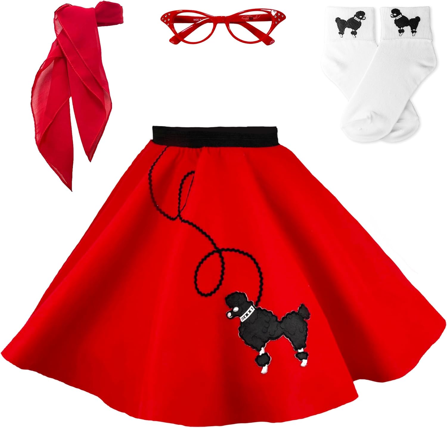 Hip Hop 50's Shop 1950s Girls 4 Piece Poodle Skirt Costume Outfit for Kids with Accessories (glasses, socks, scarf)