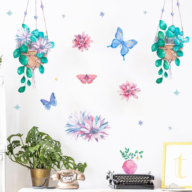 Miniatura 6 de Calcomanía de pared de vinilo impermeable para colgar en acuarela, diseño de mariposas y plantas verdes, decoración de pared para el hogar,