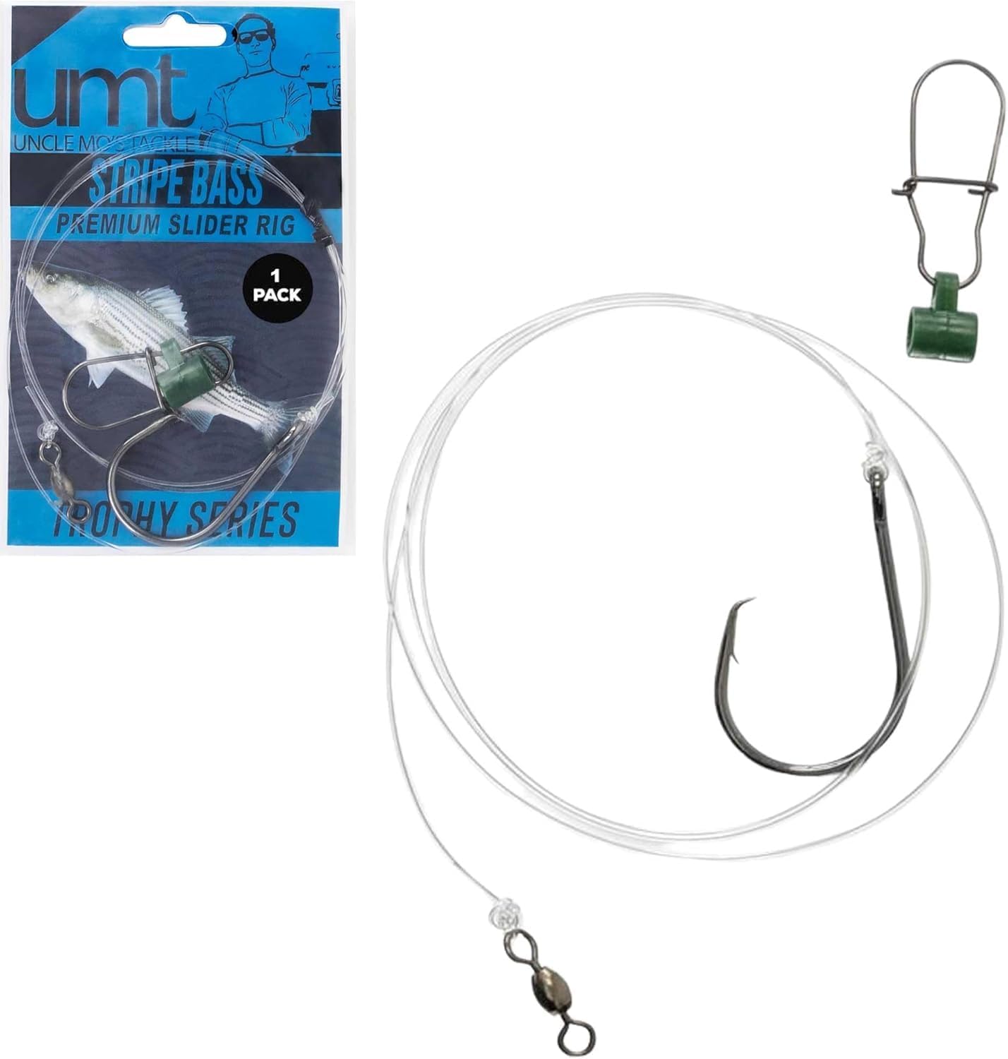 1,5 & 10-Pack Slider Rig 8/0 Circle Hook for Striped Bass - Uncle Mo's Tackle Saltwater Fishing Gear - Robust Slider, 4ft 60lb Monofilament Leader for Surf, Beach & Boat Fishing