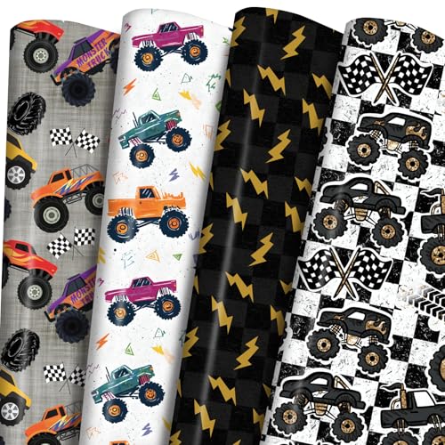 PlandRichW Monster Truck Wrapping Paper for Boys Birthday Gifts 4 Race-Inspired Designs with Monster Trucks Checkered Flags & Lightning Gift Wrap for Truck Party Baby Shower 12 Sheets 20 x 29