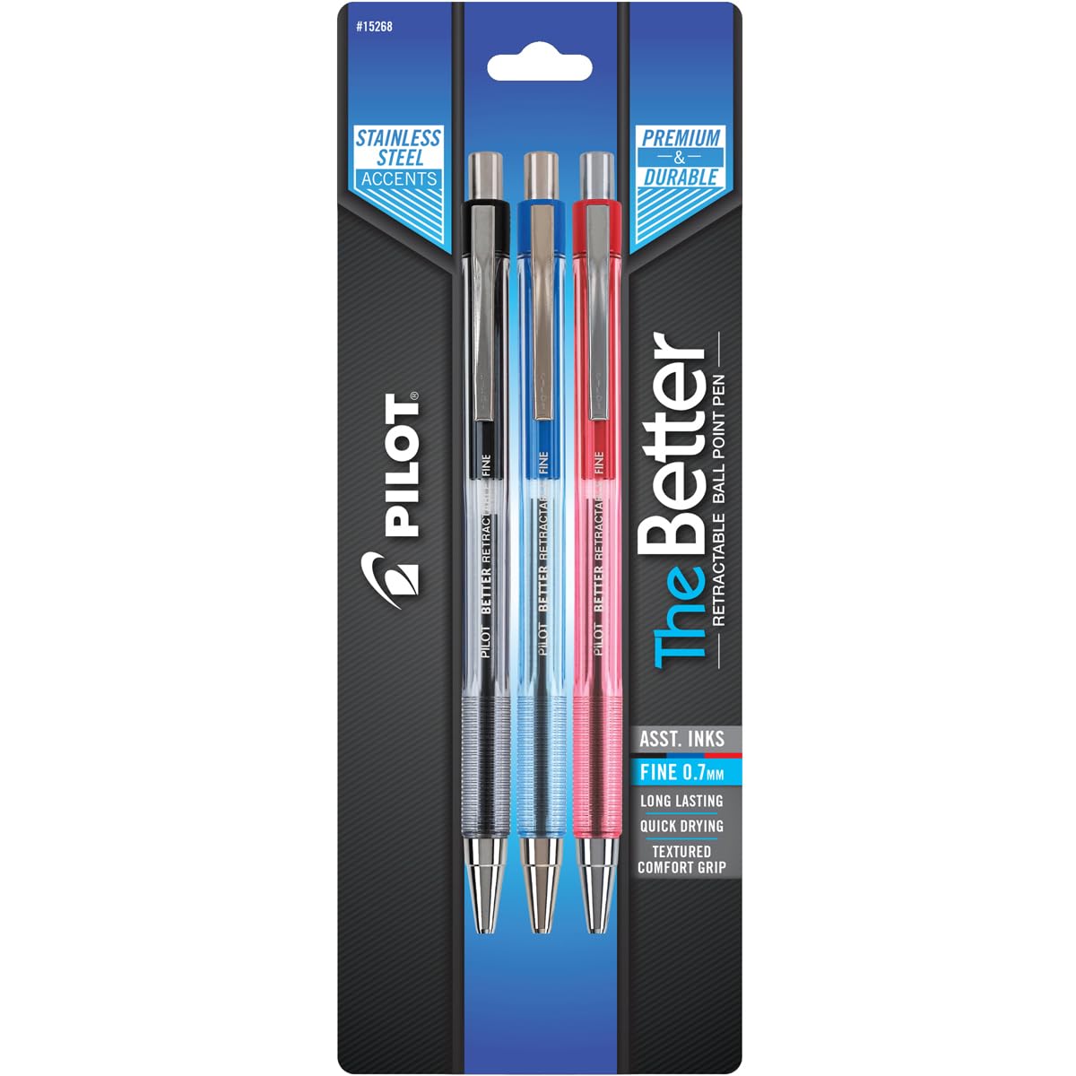 (2) Pilot The Better Retractable Ball Point Pen, Fine Point (0.7mm) Assorted Inks, 3-Pack (15268)