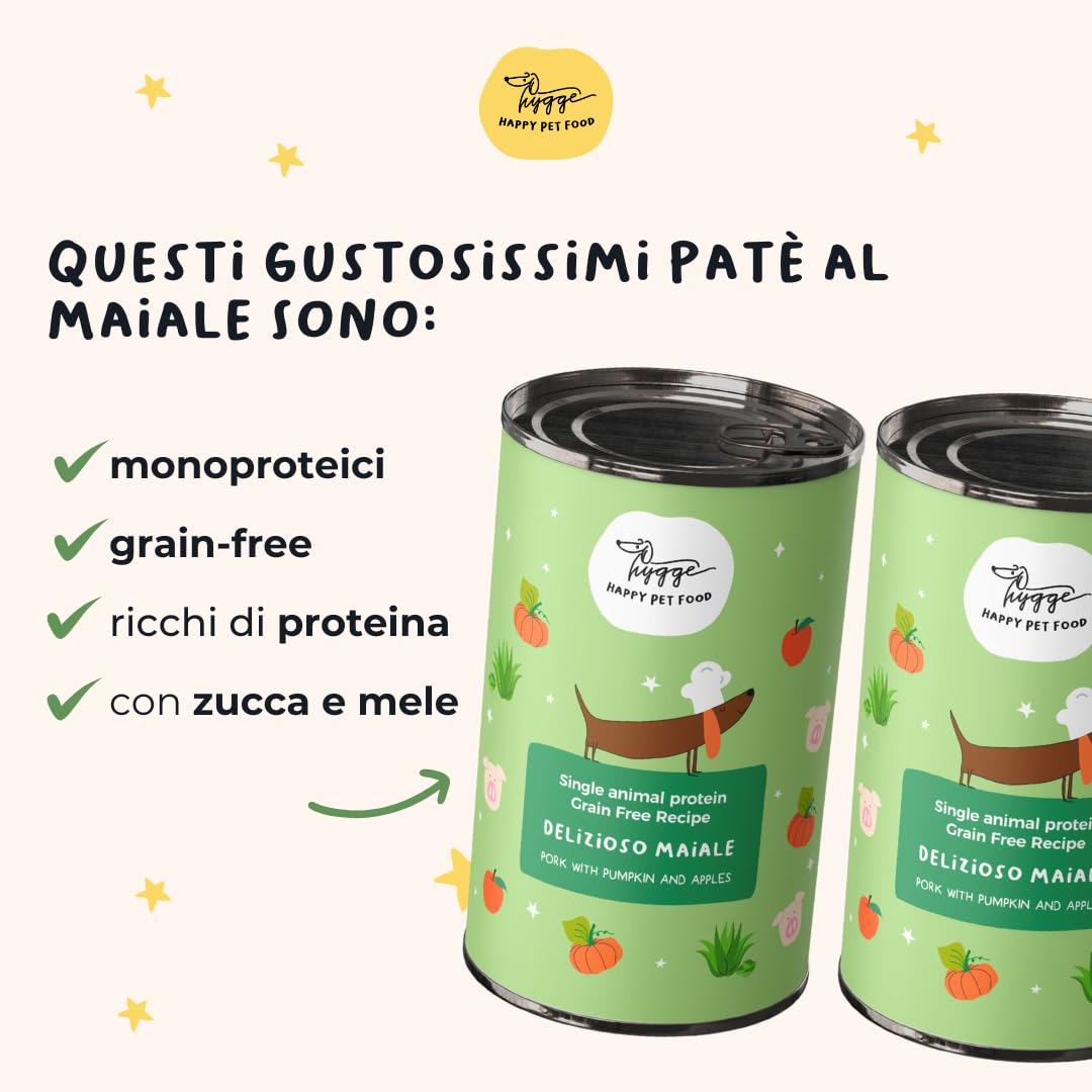 Hygge Dog Cibo Umido per Cani Monoproteico al Maiale | Con Patate e Finocchietto | Cibo Per Cane Adulto | Senza Cereali, Ideale per Dogs Sensibili | Prodotto in Italia | 12 x 400g