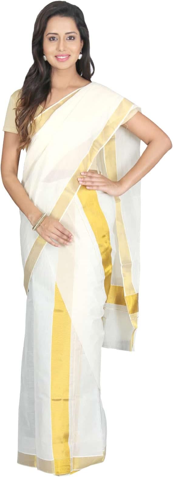 K S CollectionWomen's Kasavu Cotton Set Mundu Saree (_White)