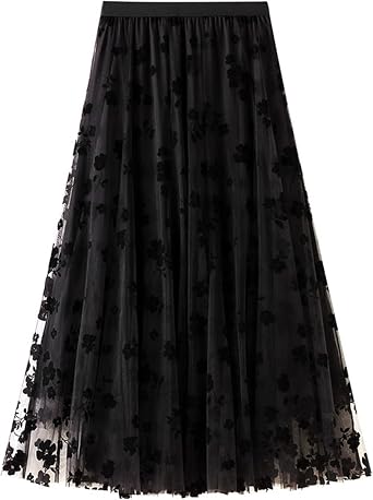 Womens Tulle A-Line Maxi Skirt, Elastic High Waist Layered Skirt Floral Print Mesh Midi Skirt