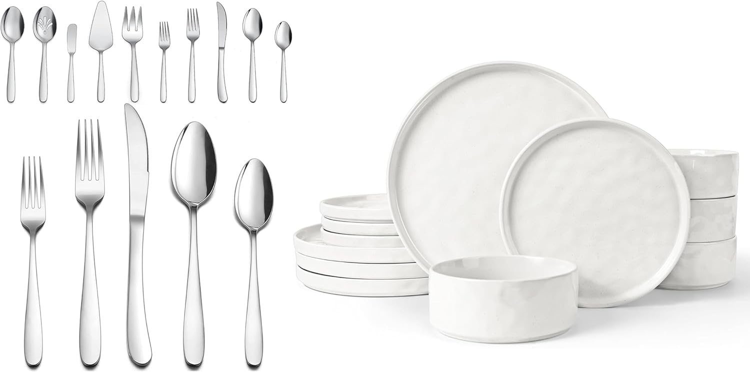 LIANYU 25-Piece Heavy Duty Silverware Set with Serving Utensils and 12 Piece Dinner Dish Set for 4, Stainless Steel Flatware Cutlery for 4 and Kitchen Plates and Bowls