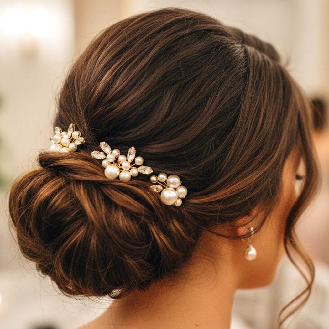 Heread Pearl Bride Wedding Hair Pins Crystal Bridal Headpiece Hair Accessories for Women and Girls (Pack of 3) (Gold) - Image 5