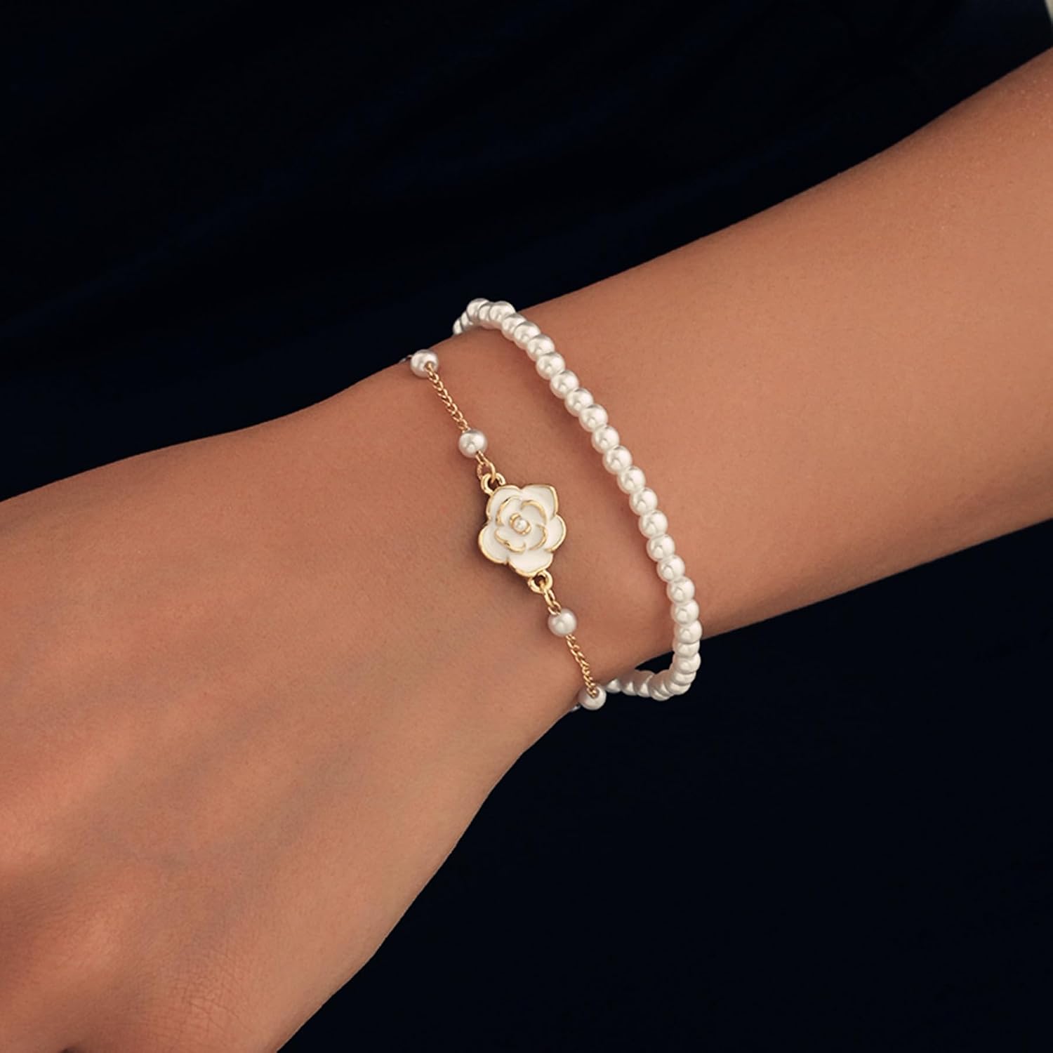 Pearl Bracelet for Women, Baroque Pearl Bracelets, Adjustable Gold Plated Camellia Charm Bracelet, Fashion Jewelry Gifts for Mom, Wife, Friends