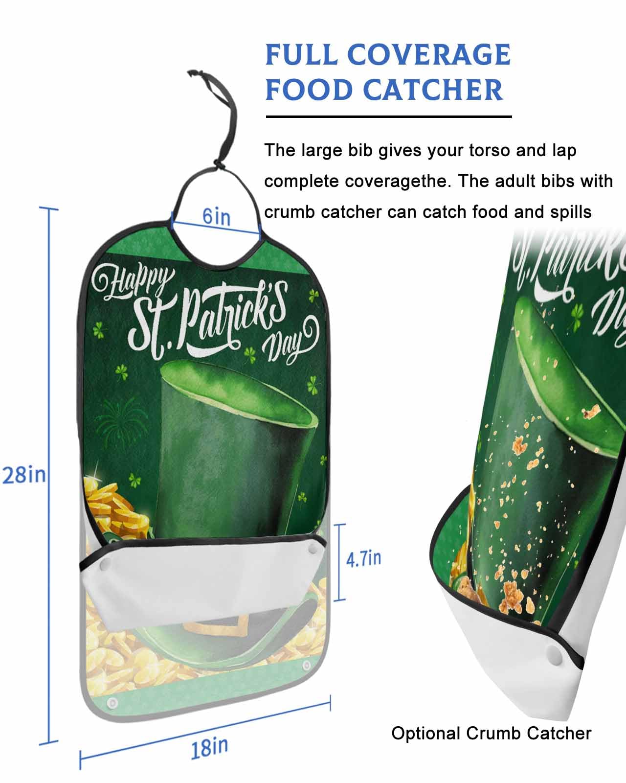 LEOKOTI St. Patrick's Day Adult Bibs for Eating, Waterproof Bibs with Food Catcher & Adjustable Snap Closure, Green Lucky Clover Golden Washable Clothing Protectors Adult Bibs for Elderly Women/Men