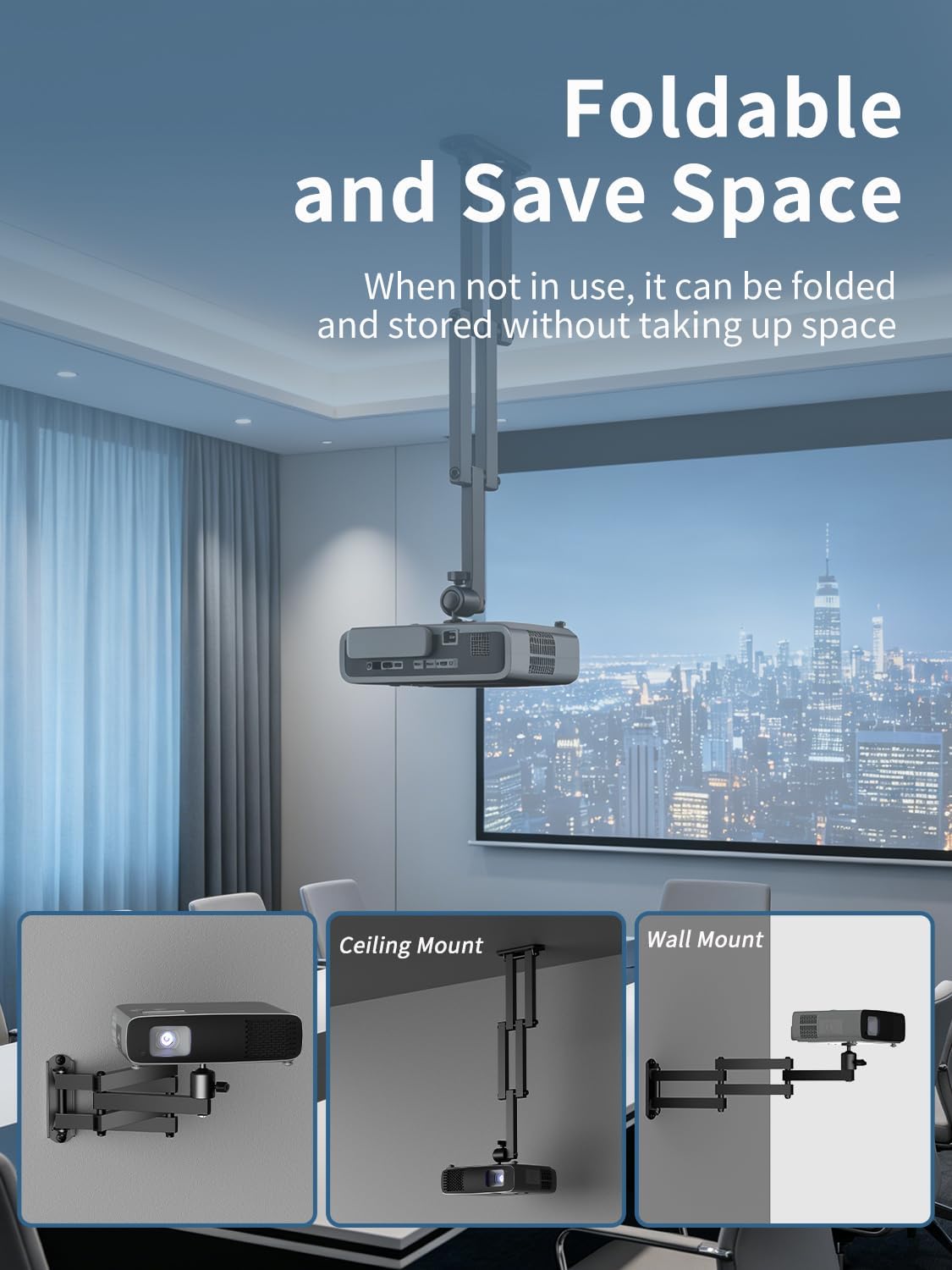 suptek Long Foldable Projector Wall & Ceiling Mount - Adjustable Bracket for Projectors, Compatible with 1/4", M4 & M6 Screws, Heavy-Duty & Space-Saving Design, Black, MA1360YT