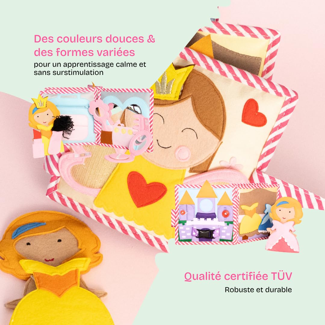 Jolly Designs Mini Quiet Book Petite Princesse - Jouet Montessori à partir de 36 mois - Livre sensoriel en tissu pour enfants - Fait main avec 6 pages d'activités - Jouet éducatif et jouet de voyage