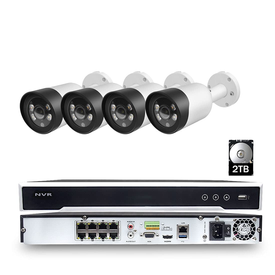 4K 8MP Full-Time Color Night Vision IP Camera System, 4K 8MP 8-Channel H.265 NVR with 2TB HDD, 4Pcs 8MP Color Vu PoE Cameras Bullet with Audio, IP66 Waterproof for 24/7 Recording