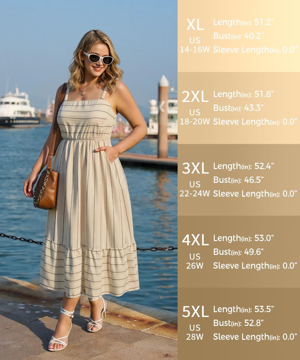 RITERA Plus Size Summer Dresses for Curvy Women Maxi Square Neck Sleeveless Casual Beach Sundress with Pockets, Flowy Dress