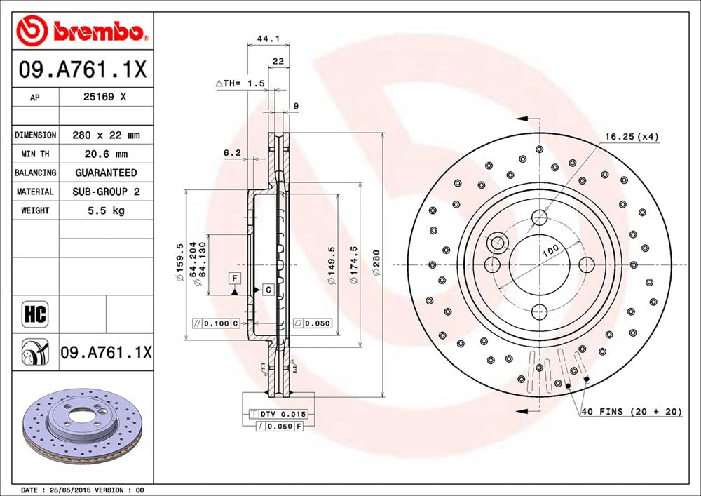 Brembo Xtra 09.A761.1X - Disco Freno Forato Anteriore, Set di 2