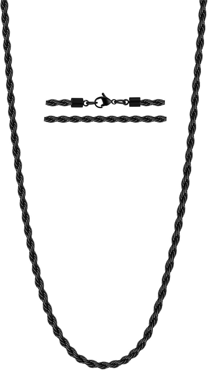 Rope Chain Necklace for Men Women, 316L Stainless Steel Twist Link Chain for Men, Gold Silver Black Tone, Hypoallergenic Waterproof Jewelry Gift for Him Her 3mm 4mm 5mm, 16/18/20/22/24/26 Inch