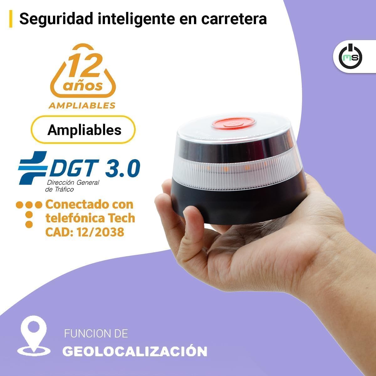 Genérico Luz Emergencia V16 Homologada DGT 3.0 con Geolocalización, Baliza Conectada DGT, Visibilidad 360°, Datos Incluidos Hasta 12/2038