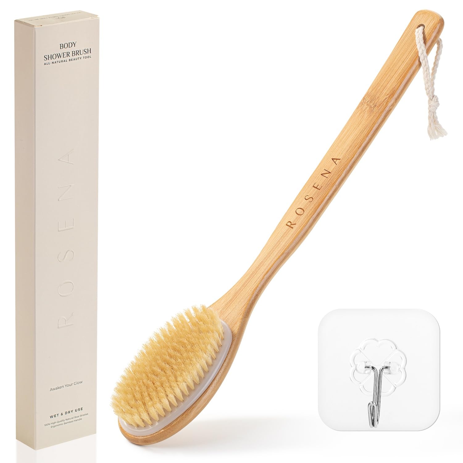 Premium Shower Brush with Long Handle, One-Piece Solid Design, Soft Natural Bristles, for Wet and Dry Brushing