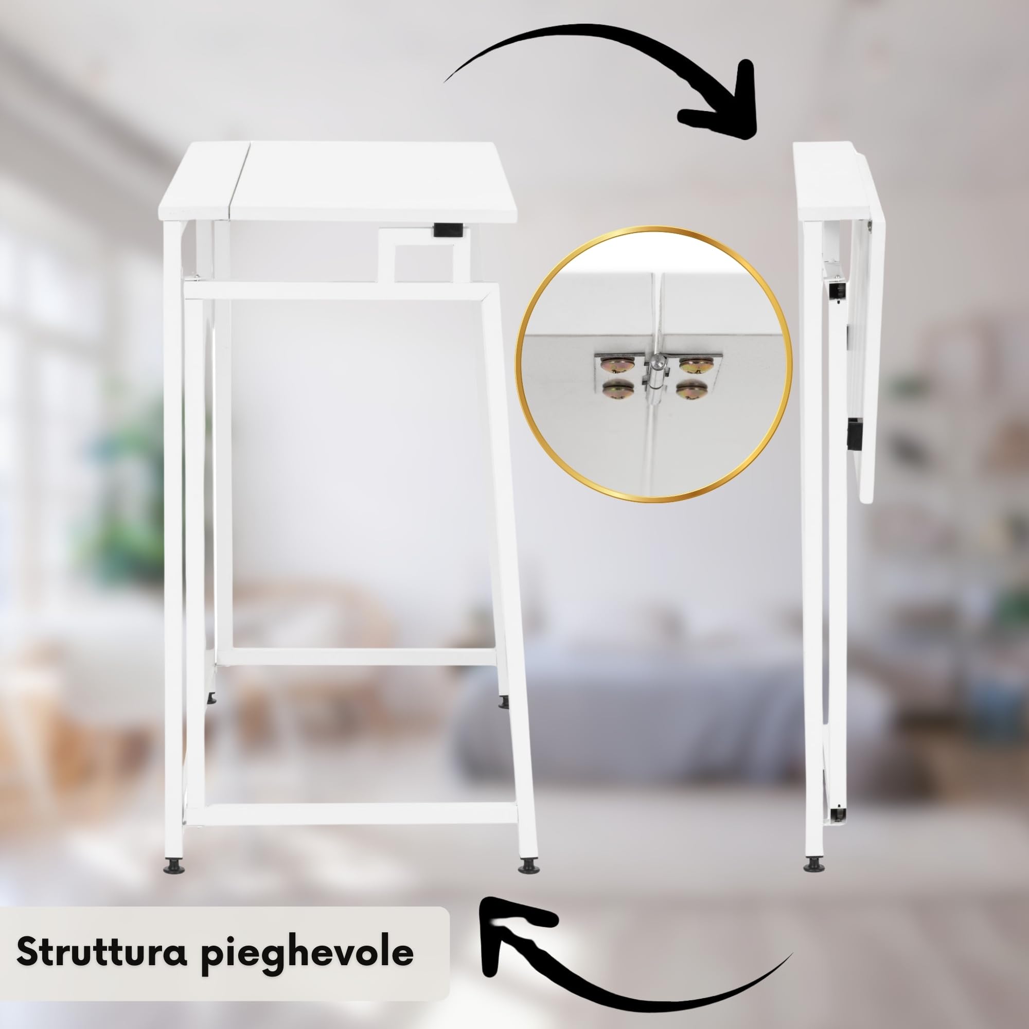 SPRINGOS Scrivania bianca con telaio in metallo e piano in legno, 80 x 40 cm, pieghevole, portata massima 30 kg, piedini regolabili in altezza, facile da montare, moderno tavolo da lavoro