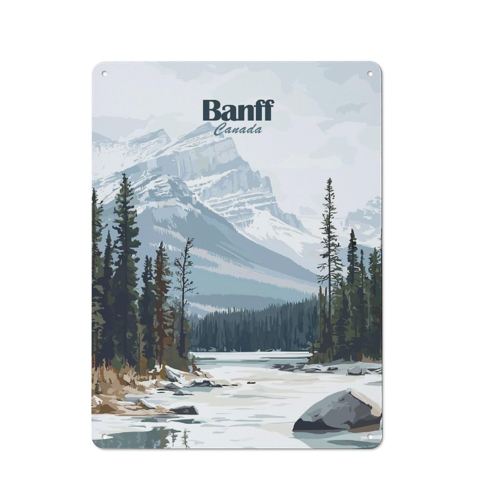 Junmoney Style-9 Shed Style Banff Canada Mountain Landscape Illustration Tin Sign 40X30cm, Utility Space Decor For Greenhouse, Garden Room, Cafe Or Entryway