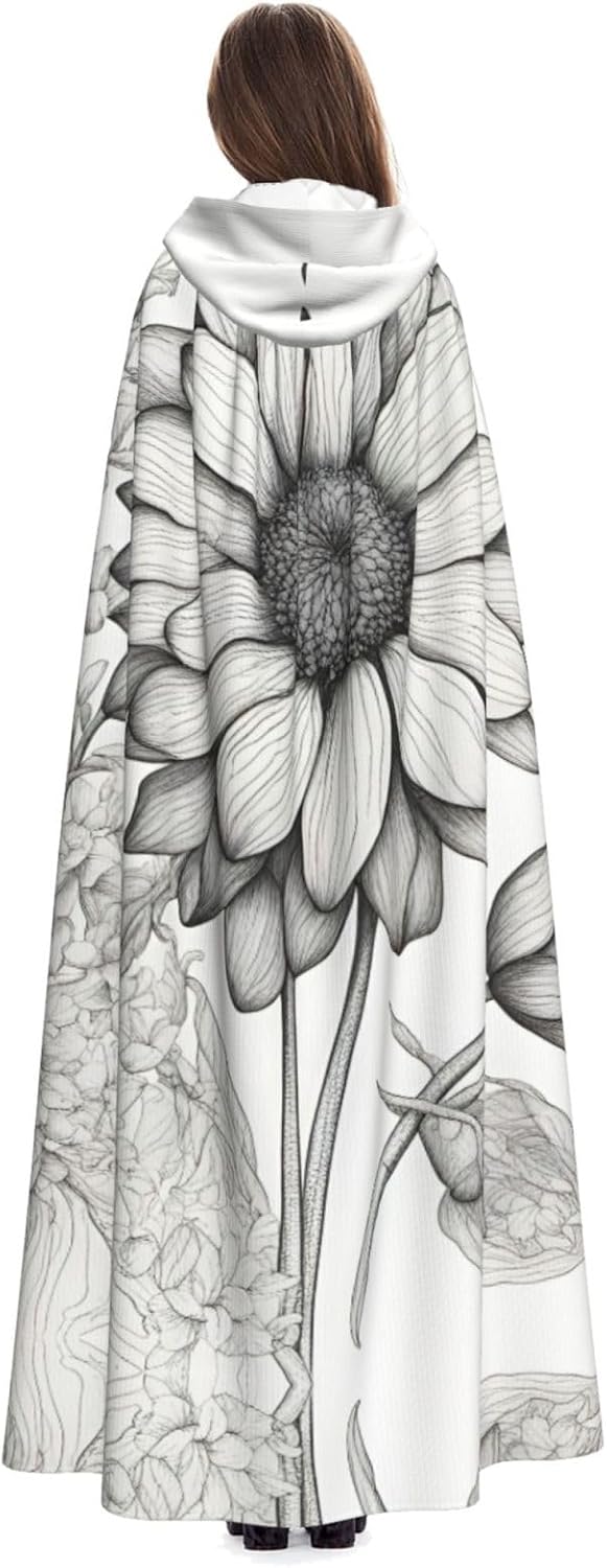 SSIMOO Hand Drawn Flower 1 Enchanting Adult Hooded Cape for Halloween and Party Costumes-Fashionable Women's Robes,Capes