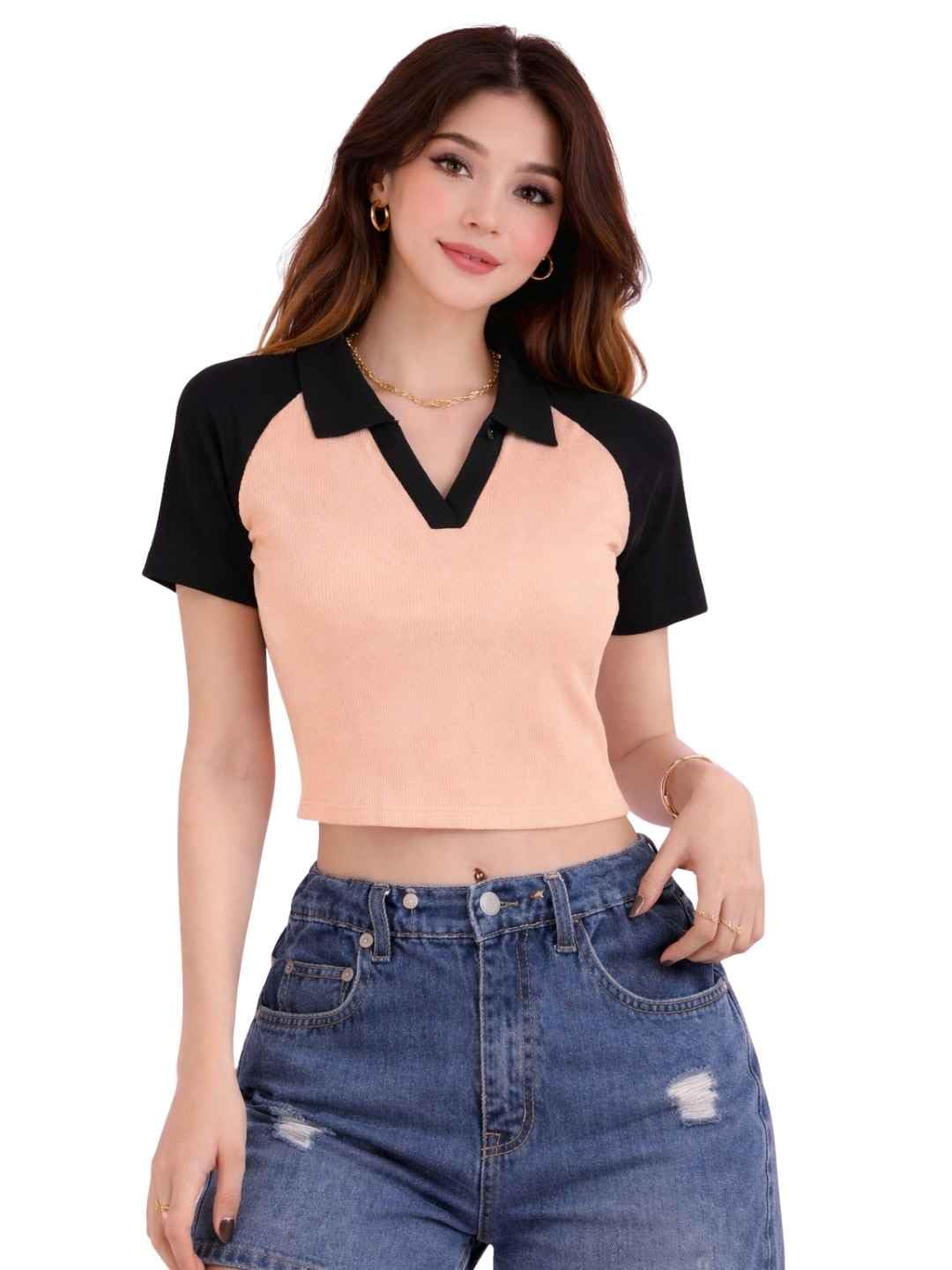 Women Color Block Crop Top Peach Black Polo Neck Slim Fit Stylish Casual Top-picture-45